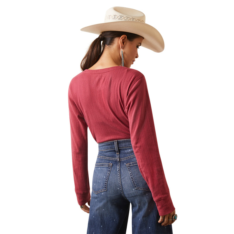 ARIAT 10043413 Women's Pointelle Henley LS Top Earth Red