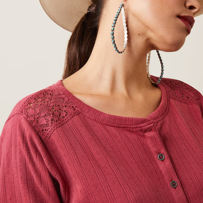 ARIAT 10043413 Women's Pointelle Henley LS Top Earth Red