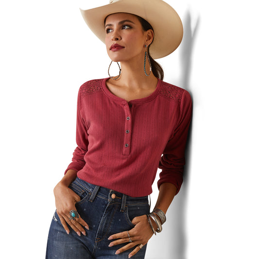 ARIAT 10043413 Women's Pointelle Henley LS Top Earth Red