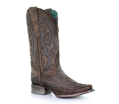 Corral E1512 Brown Grey Inlay & Embroidery & Studs SQ. Toe